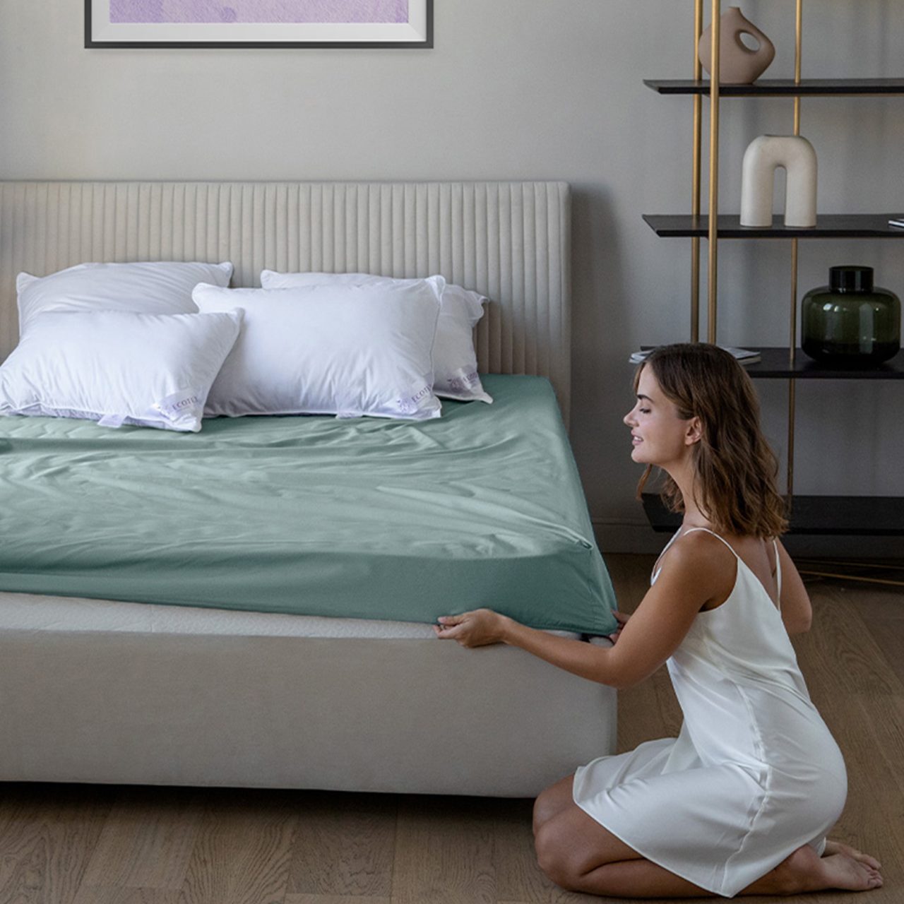 Простыня на резинке Трикотажная голубая ель